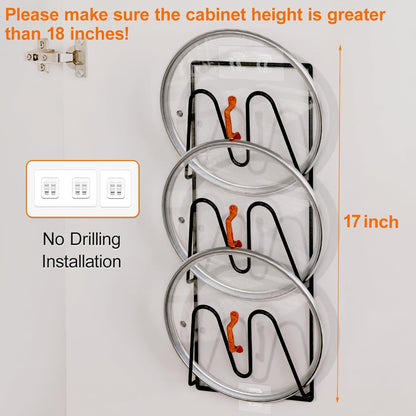 Durmmur 2 Pack Pot Lid Organizer, 6-Tier Lid Holder for Cabinet Door & Wall | Rustproof Metal Lid Organizer with No-Drill Adhesive Mounting for Pot and Pan Lids, Space-Saving Kitchen Storage, Black