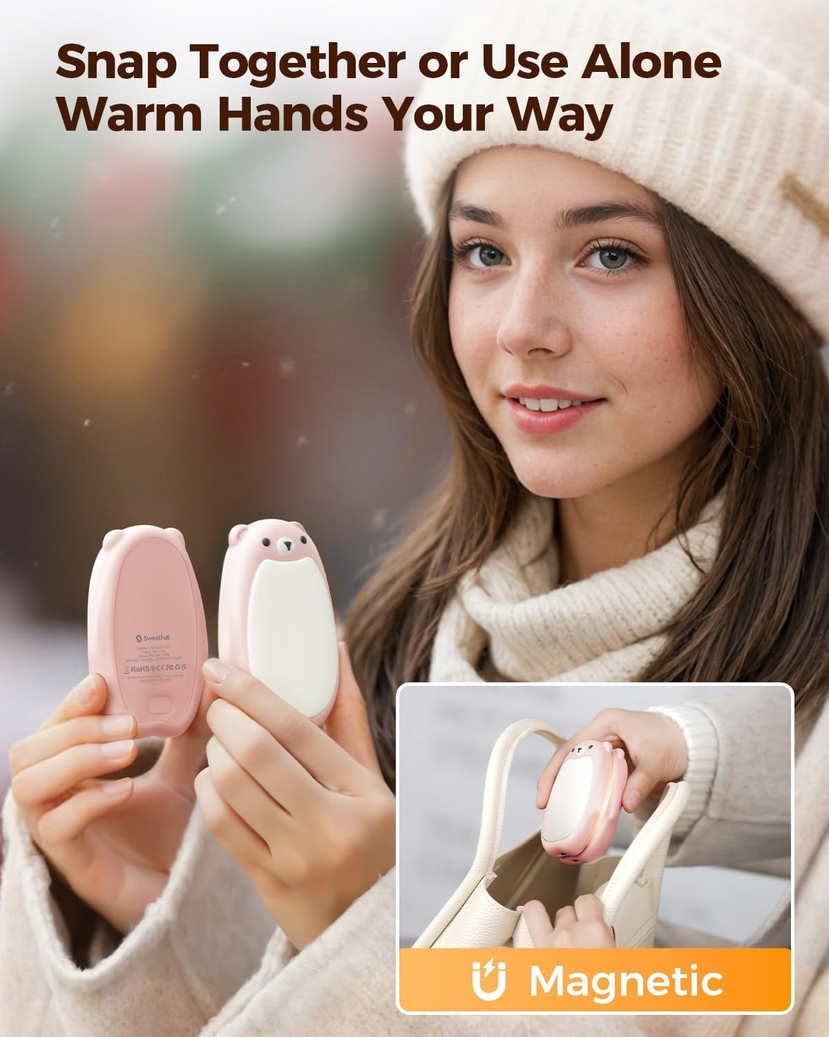 SWEETFULL Hand Warmers Rechargeable, 2-in-1 Magnetic Bear Electric | Cute Bear; Snap Together/Split Use; 3 Heat Levels; UL Safe; Reusable Portable Pocket Warmer for Kids & Wife, Camping & Gifts