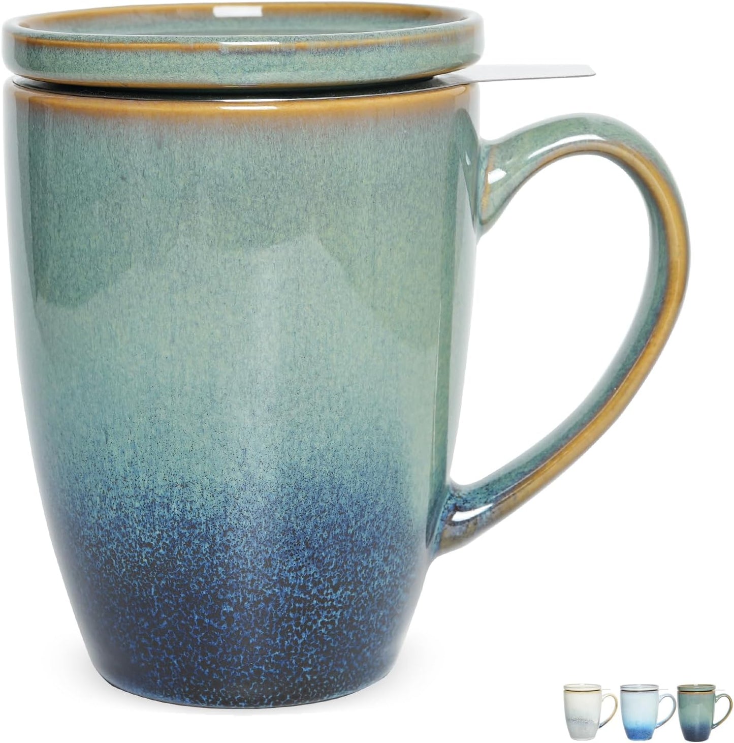Bosmarlin Ceramic Tea Cup with Infuser and Lid, 13.5 Oz, Loose Leaf Tea Steeper Mug with Strainer, Microwave and Dishwasher Safe, Reactive Glaze (13.5 Oz, Pale Green)