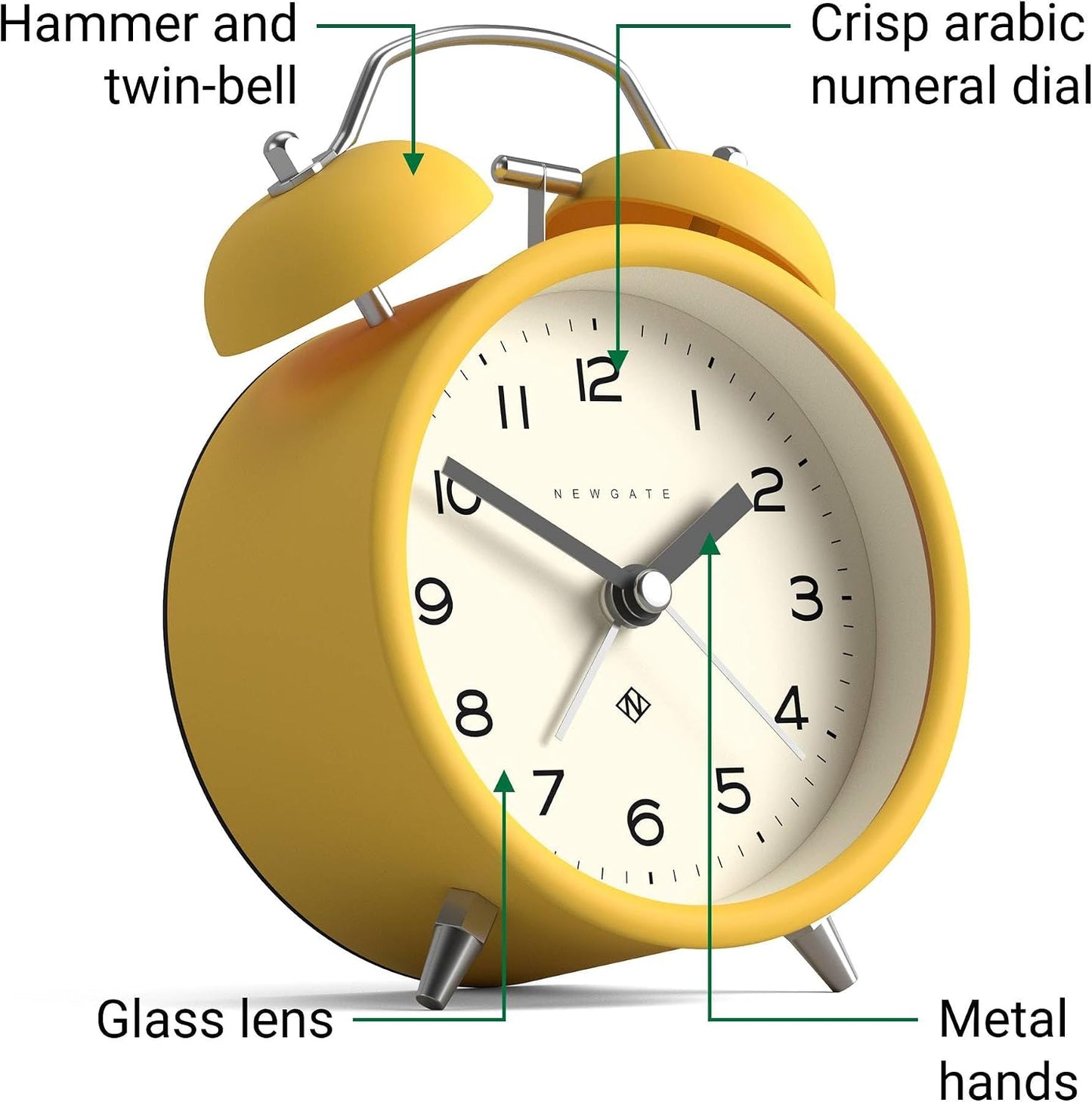 NEWGATE® Charlie Bell Echo Alarm Clock | Modern take on Classic Twin Bell Clock | Yellow | Easy to Read Numbers | Ideal for Bedside, Desk or Shelf | Modern Retro Bedroom & Office Accessory