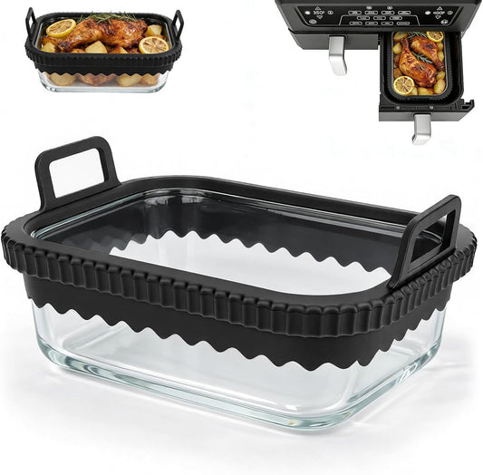 Air Fryer Glass Liner Reusable with Removable Silicone Ring, Air Fryer Accessories for Ninja Foodi DZ201/DZ401/DZ550, for COSORI/Chefman/Instant, Heat-Resistant, Dishwasher Safe & BPA-Free