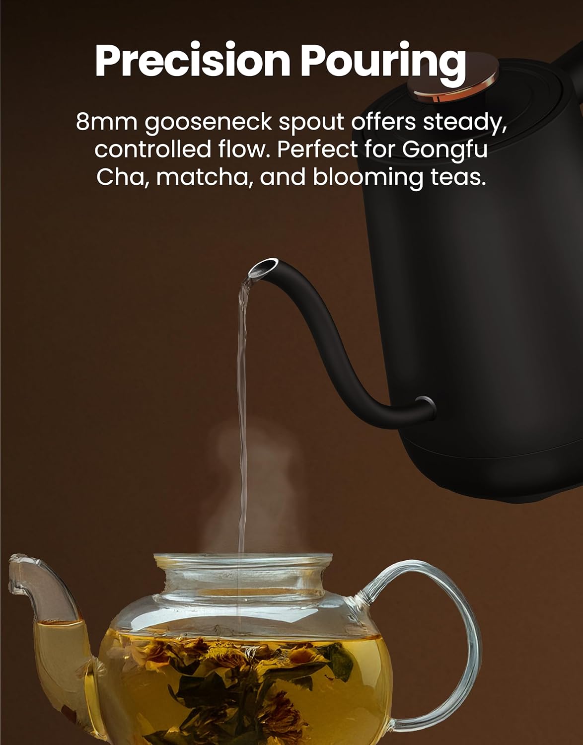 Viante Alba Electric Tea Kettle With Infuser, No Plastic, 1.5L | Borosilicate glass & 304 stainless steel construction. 4 temp presets, keep-warm, cordless, auto shut-off