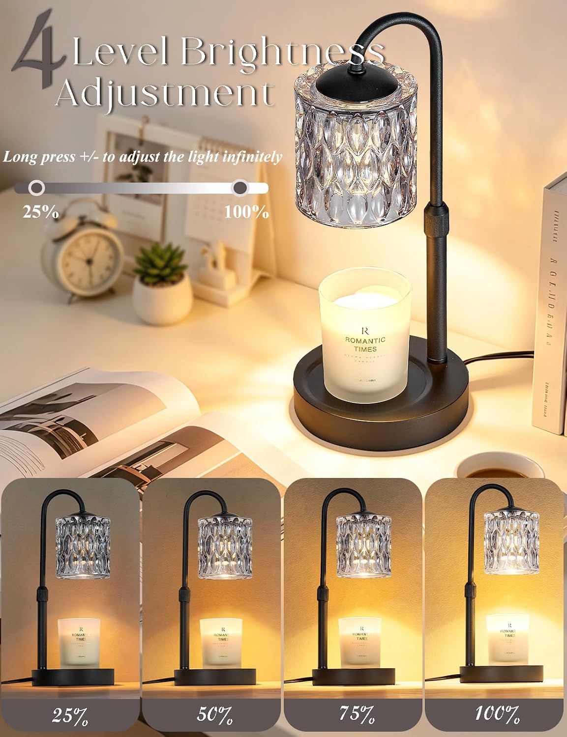 Briever Dimmable Candle Warmer Lamp with Timer, Height Adjustable Electric Candle Wax Warmer, Christmas Birthday Gifts for Women Mom, House Warming Gifts New Home Room Decor, Black Solid Wood Base