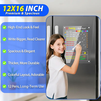 PigPotParty 2-in-1 Acrylic Magnetic Chore Chart for 2 Kids, Large 16x12 in | Clear Dry Erase Fridge Chore Board for Teens, Roommates; Vibrant Layout; Embedded Magnets; 12 Wet-Erase Markers and Towel