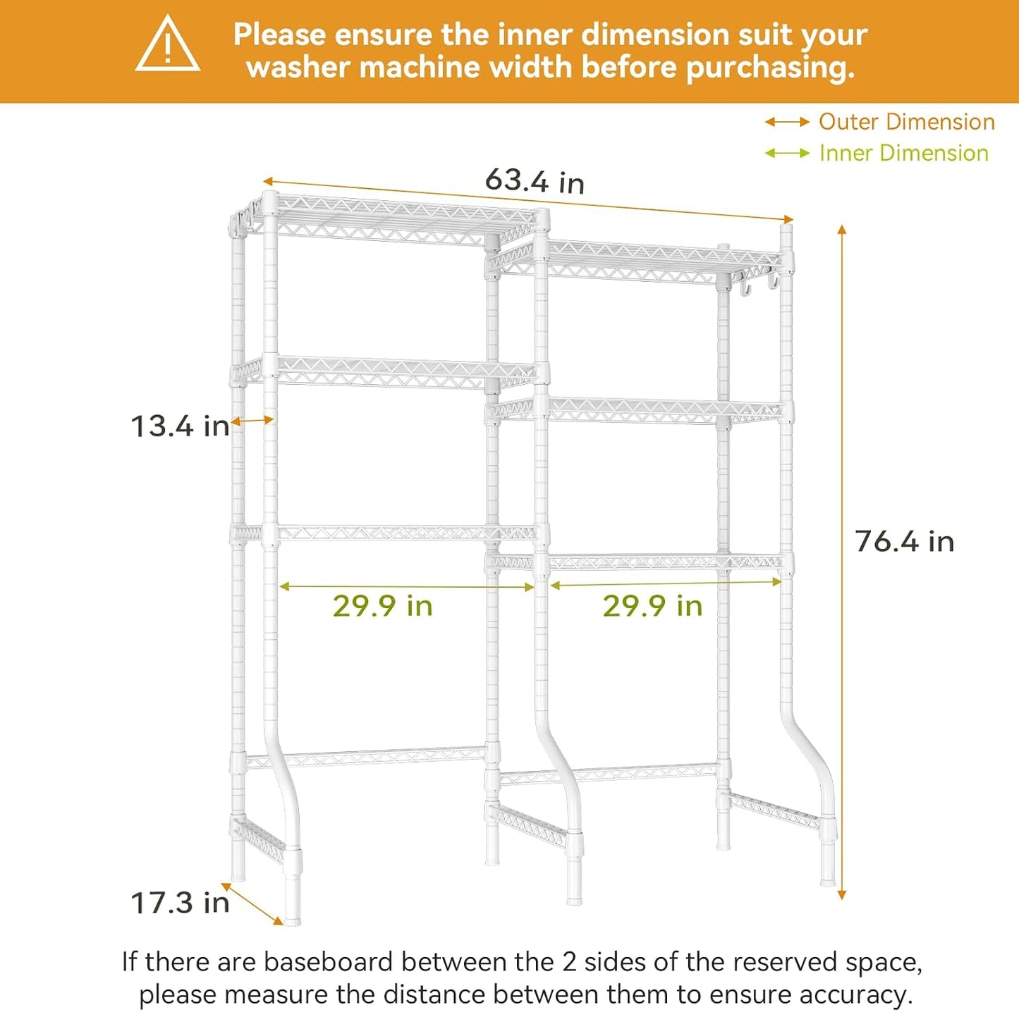 U15 Over Washer and Dryer Storage Shelves, Laundry Room Metal Rack | 6-Tier Shelf Space Saver Holds 568lbs, Above Washer Dryer Storage Rack for Organization, 63.4"W x 17.3"D x 76.4"H, Black