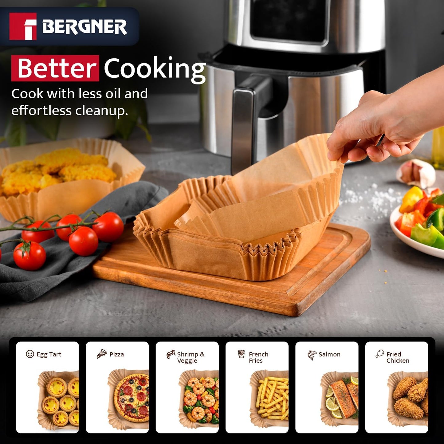 Bergner 125-Count Square Air Fryer Liners 8 Inch - Non-Stick Disposable Parchment Paper, Oil & Grease Resistant Heat Safe Baking Sheets for Air Fryer, Oven & Steamer