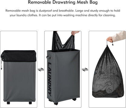 DOKEHOM 25" Slim Rolling Laundry Basket Hamper, Narrow on Wheels, Grey | Collapsible narrow laundry hamper with mesh drawstring closure. Foldable corner clothes storage bin for small spaces