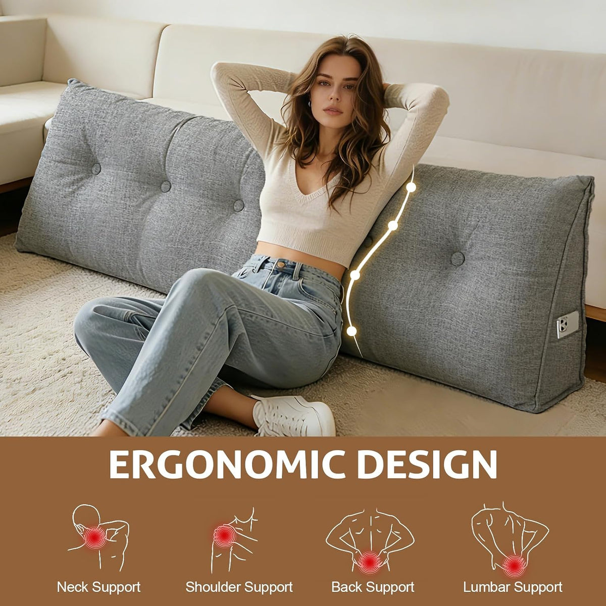 Wedge Pillow – Reading & Bed Rest Pillow for Sitting in Bed, Couch, or Floor, Multi-Purpose Headboard Wedge for Sleeping, After Surgery, Leg & Back Support, Neck Cushion & Washable Cover, Dark Gray