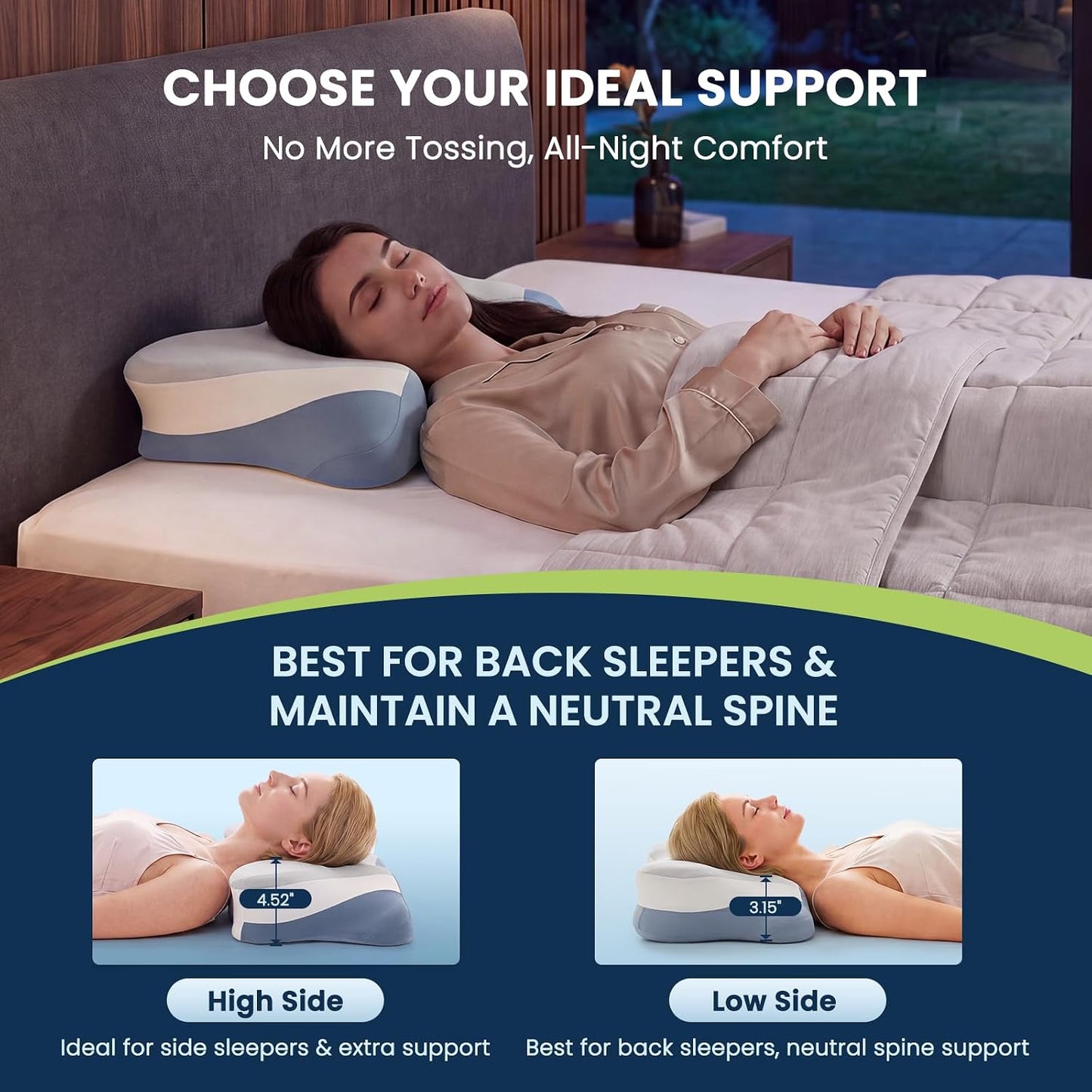 Sweetcrispy Cervical Pillow for Neck and Shoulder - Ergonomic Memory Foam Pillows, Contour Side Sleeper for Adults, Cooling Orthopedic Neck Support for Back Stomach Sleepers, White