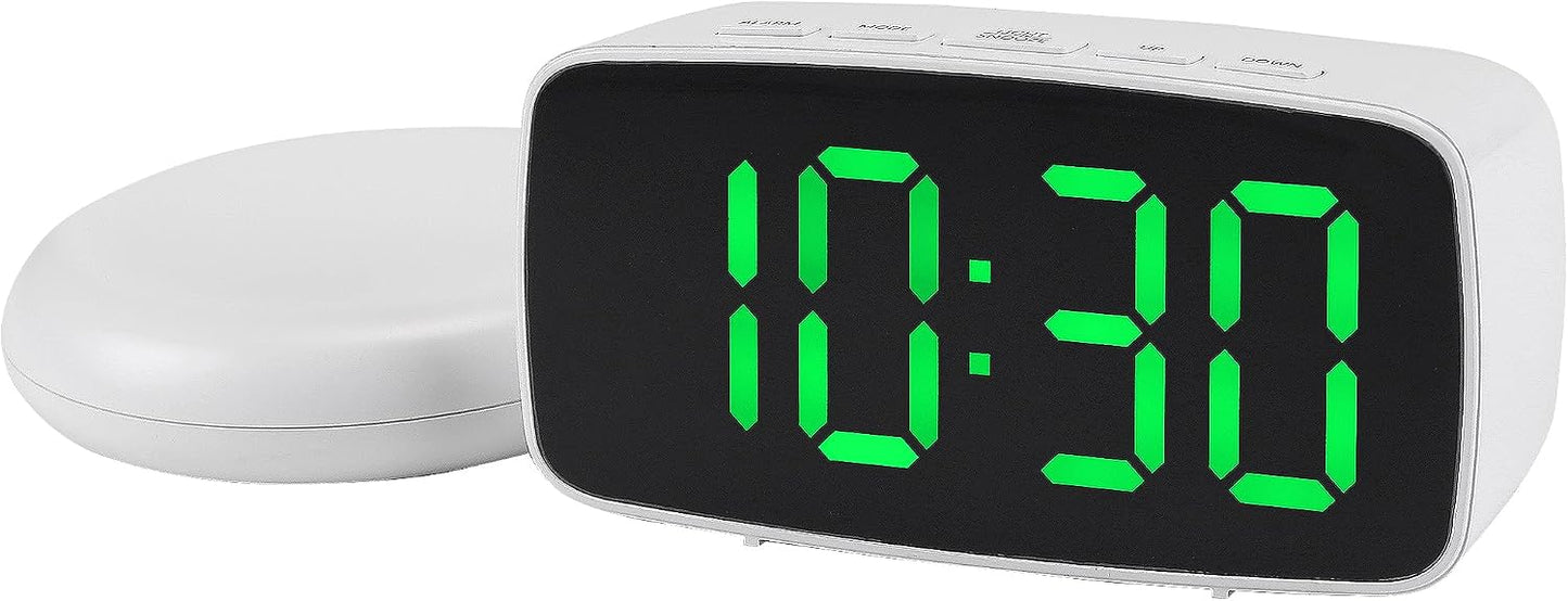 Dimmable LED Alarm Clock 2-Level Brightness, Wired Shaker, Snooze Function, Fits Bedside Table 4.7" L x 1.6" W x 2.4" H White Housing with Blue Light