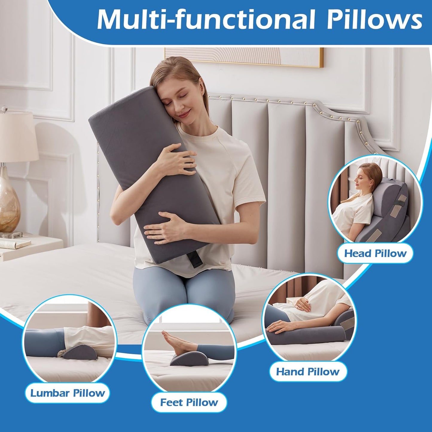 Ahpmeoa 6PCS Wedge Pillow Set for After Surgery, Orthopedic Bed Wedge Pillow for Headboard, Memory Foam Back Pillow for Bed Sitting Up, Sit Up Pillow for Acid Reflux Relief, GERD, Anti Snoring (White)