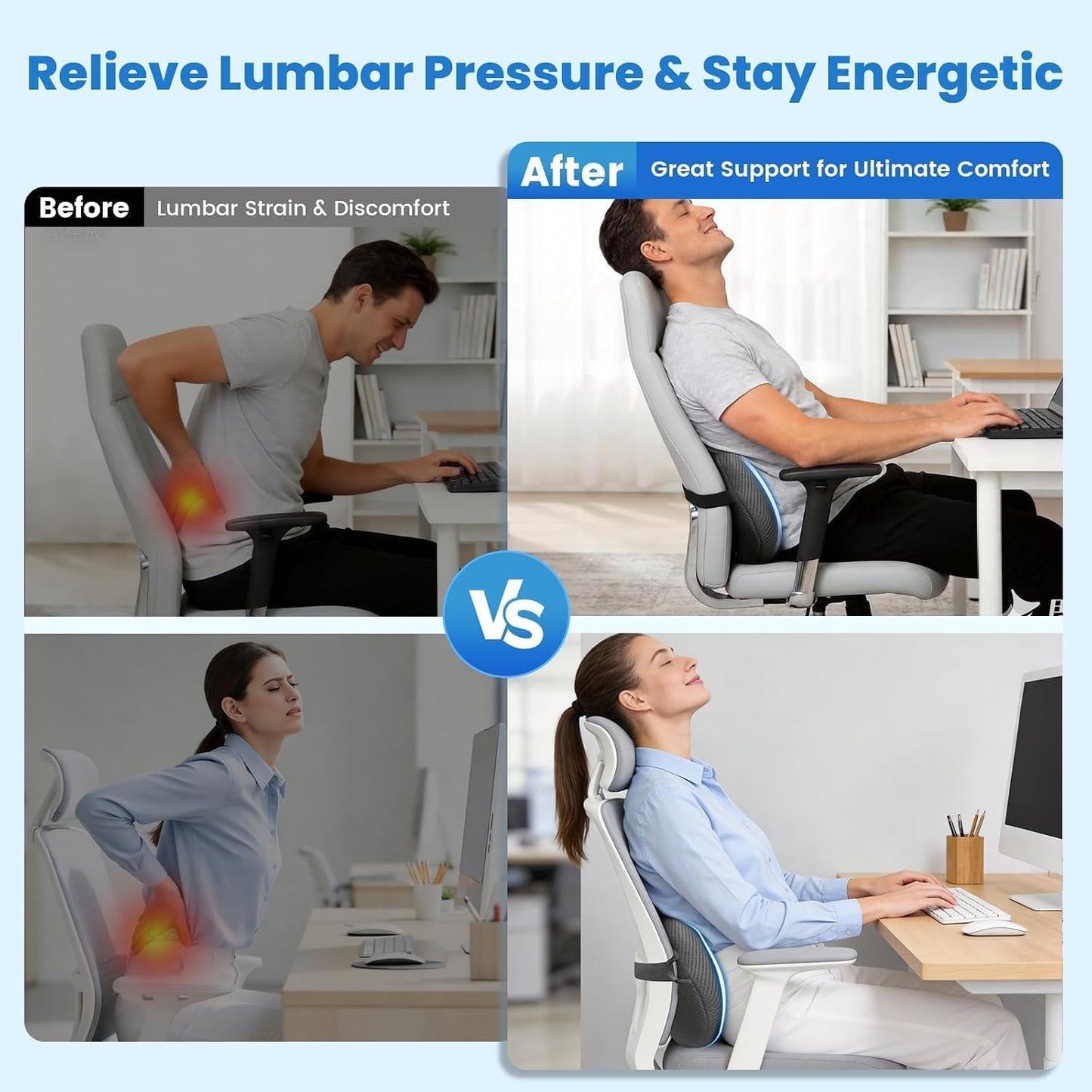 Lumbar Support Pillow, Memory Foam Back Cushion for Office Chair Car, Black | Ergonomic Lower Back Support with Adjustable Strap, Breathable Removable Cover for Couch, Wheelchair and Daily Comfort