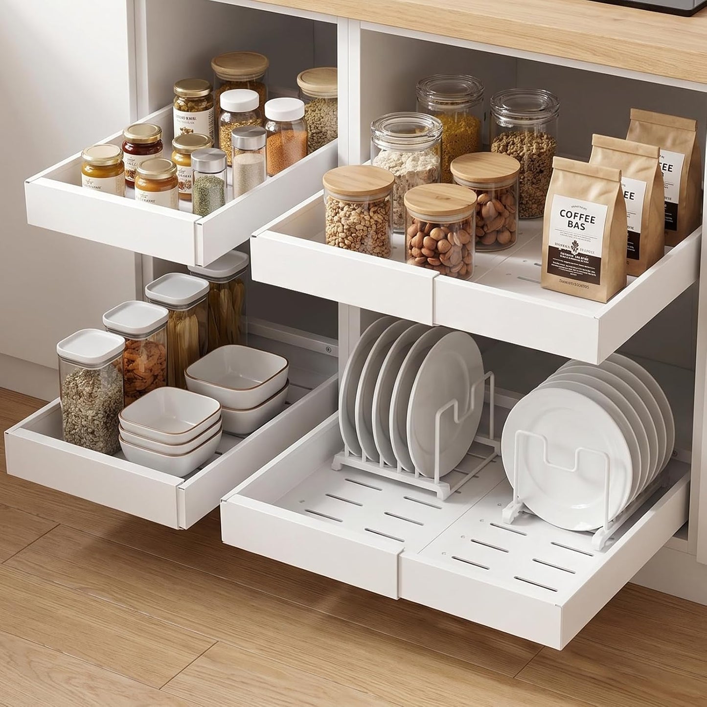DOMNIU Pull Out Cabinet Organizers Expandable,White,16.9"Depth,2 Pack | Slide Out Drawers for Kitchen, Bathroom, Pantry, Under Sink Storage, Fixed with Adhesive Nano Film (11.6''-17.5'')