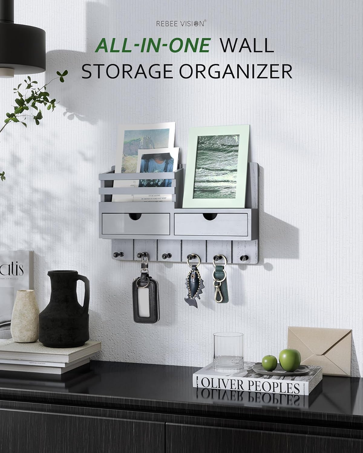 Rebee Vision Key Holder Wall Mount with Shelf for Entryway, Distressed Blue | Modern Mail Organizer, 6 Key Hooks, 2 Drawer Organizer, Key Hanger Home Decor Aesthetic, Apartment Storage Essentials