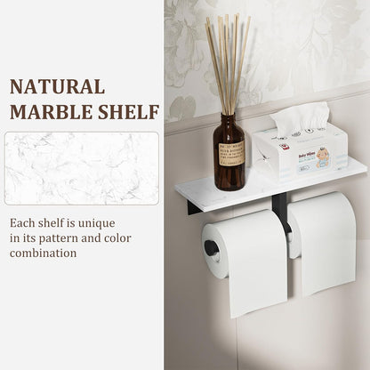 BWE Brushed Gold Toilet Paper Holder with Marble Shelf Wall Mounted | Toilet Paper Roll Holder with Phone Shelf 304 Stainless Steel Tissue Holder for Bathroom Washroom,Saving Space