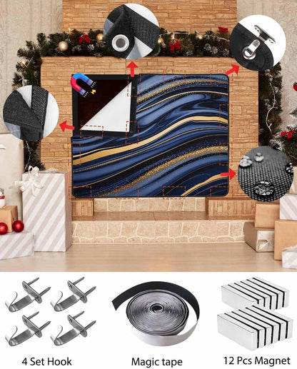 Marble Magnetic Fireplace Cover, Fireplace Draft Blocker, Navy Blue Modern Abstract Gold Gradual Art Fireplaces Blanket for Heat Loss/Cold Air, Fireplaces Draft Stopper Cover for Inside 45''x34''