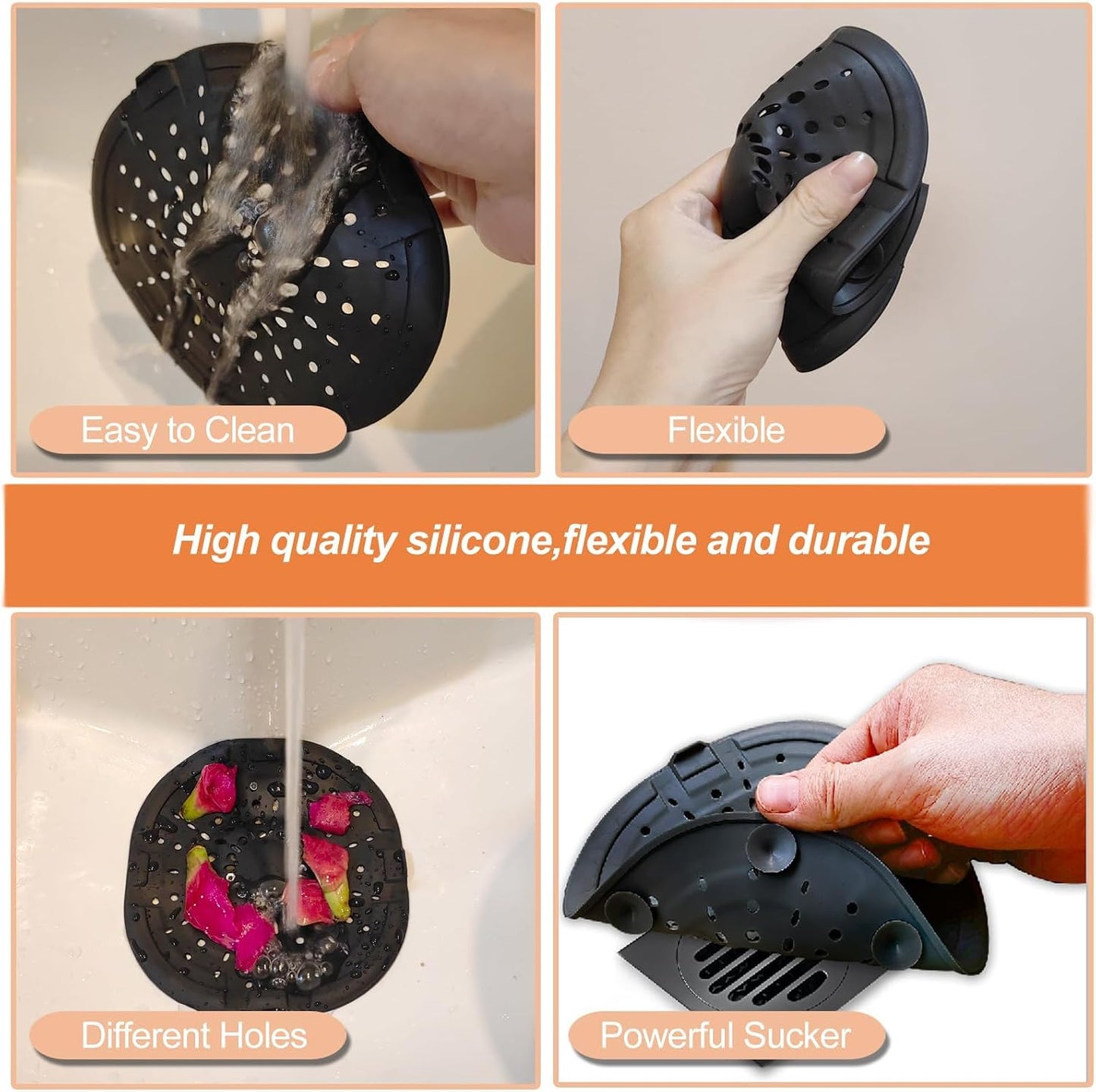 Bovinde Hair Drain Catcher,Square Cover for Shower 2 Pack (Black) | Drainer Cover Silicone Hair Stopper with Suction Cups,Protector Accessories,Easy to Install Suit for Bathroom,Bathtub,Sink