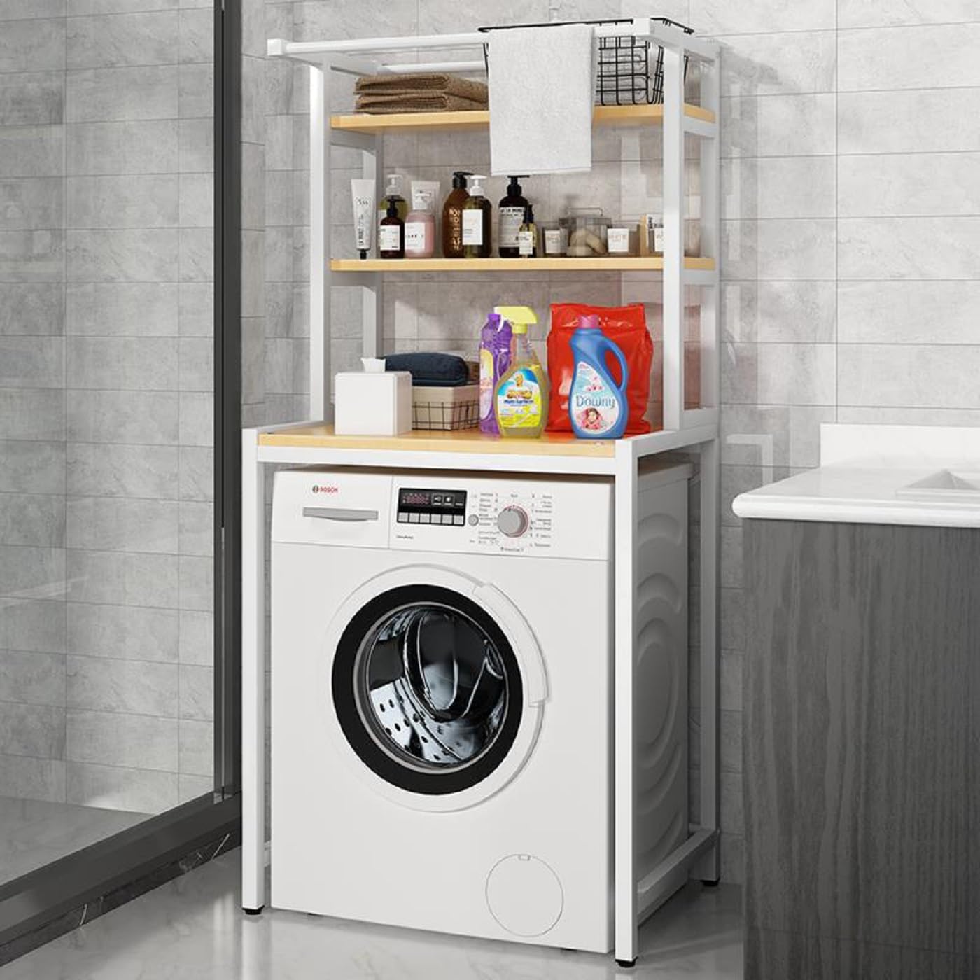 3 Tier Wooden Over The Washer and Dryer Storage Shelf, Bathroom Shelf Washing Machine Storage Shelves Utility Rack Freestanding Laundry Drying Rack Heavy Duty for Bathroom