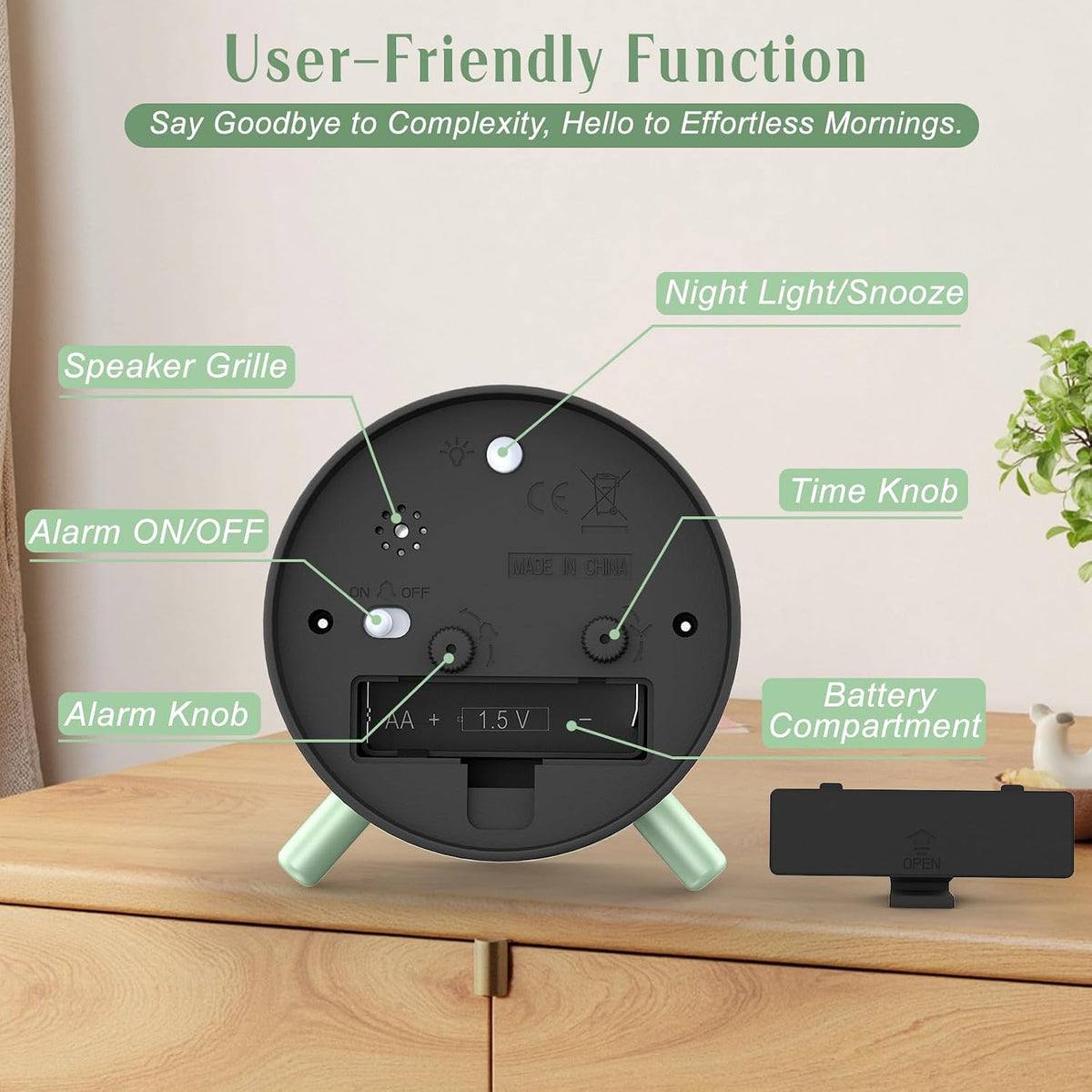 Analog Alarm Clock Night Ligh Battery Operated for Bedroom