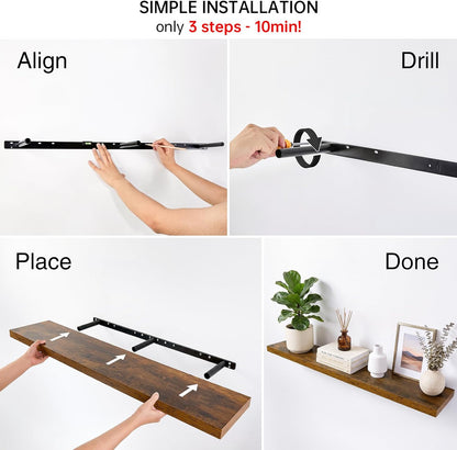 BAYKA Rustic Brown Floating Shelves 22.5in, Set of 2, Wall Mount Wood Shelf | Easy Install, 22lbs Max Load, Hidden Bracket, for Bathroom Bedroom Living Room or Kitchen, Hanging Shelf Book Decor Storage