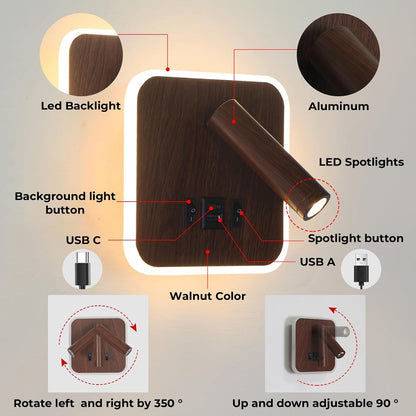 Plug in Wall Sconce with Wall Mounted Reading Lights with Switch | Wall Lamp for Bedroom with Charging Station USB C+A Ports,Bunk Bed Lights with 3W+9W Night Light,Walnut Color Reading Light