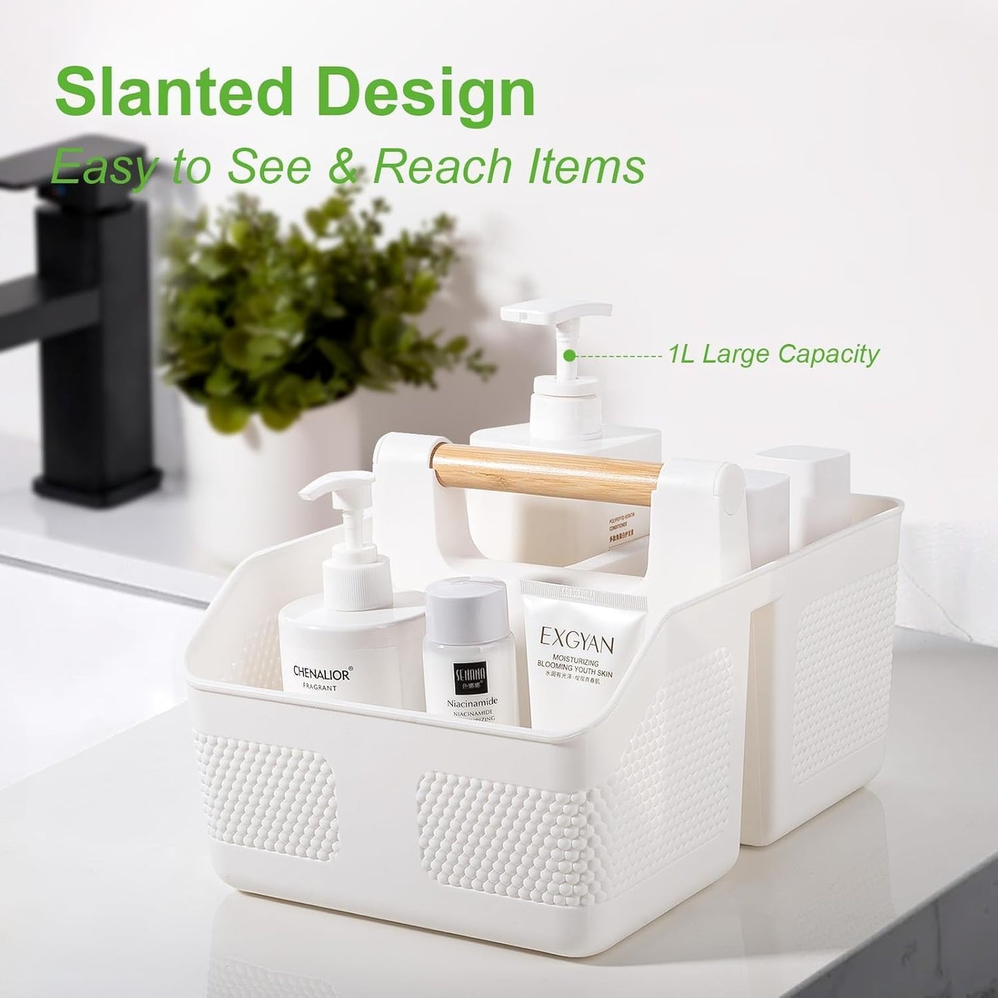 Plastic Shower Caddy Portable Shower Basket with Bamboo Handle, White | Cleaning Caddy Organizer Storage Tote for Bathroom, College Dorm Essentials, Bath Toy Storage