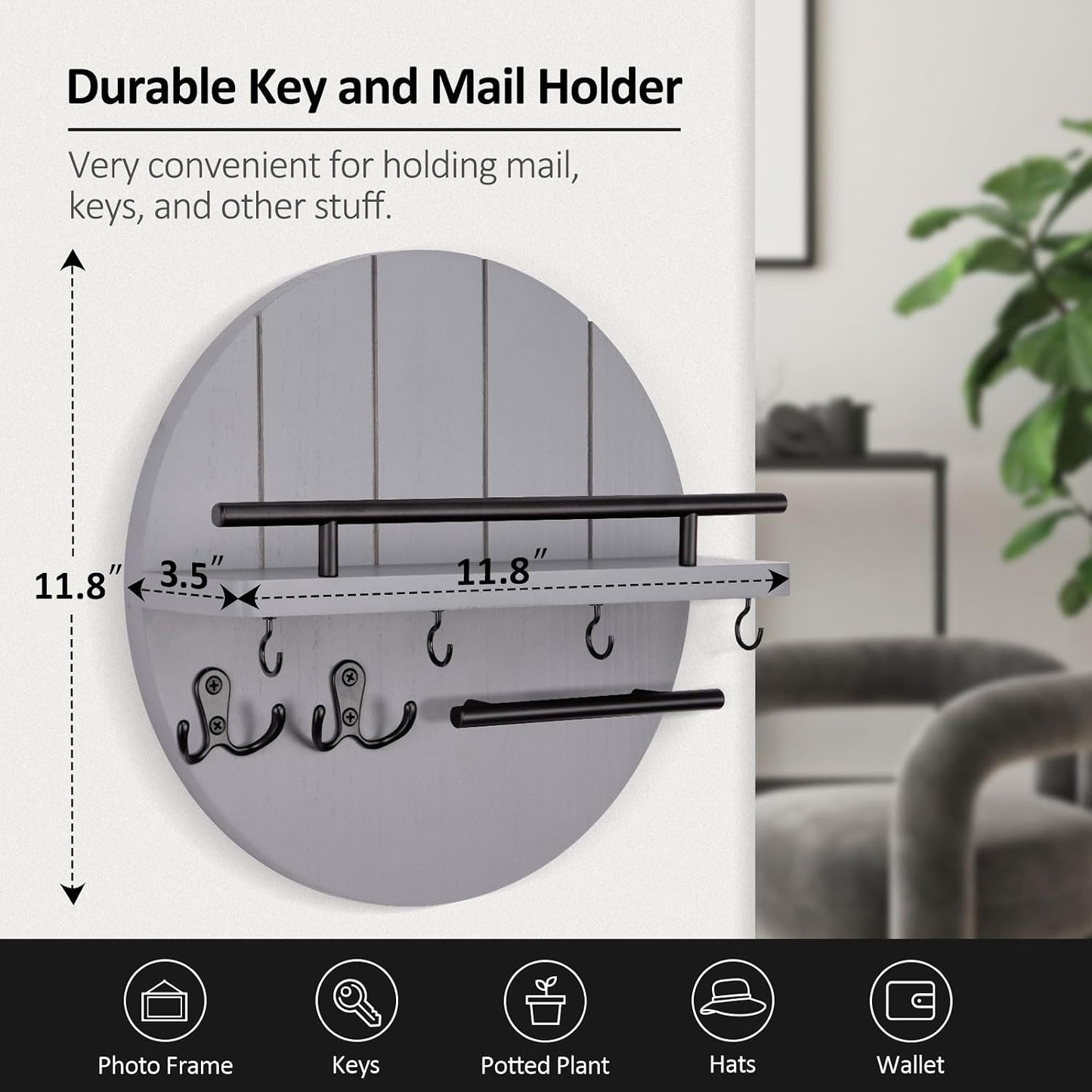 Nekon Key Holder Wall Mount, 11.8” Wood Mail Organizer for Wall, Brown | Round Wall Shelf with 6 Key Hooks, Rustic Key and Mail Holder, Key Hanger for Entryway Hallway Kitchen