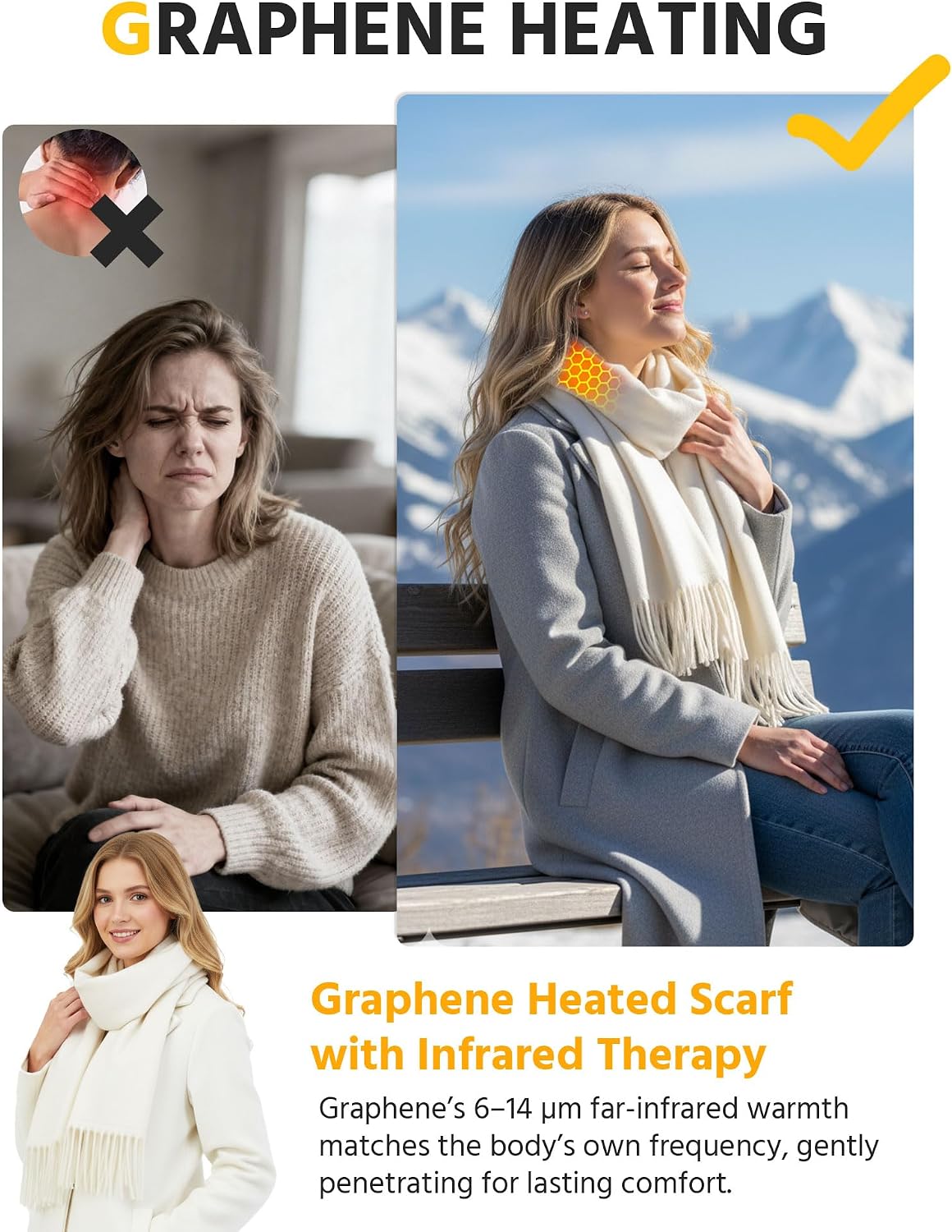 Wulcea Graphene Heated Scarf For Women 5V2A 6000mAh Fast Charge Large Capacity Battery
