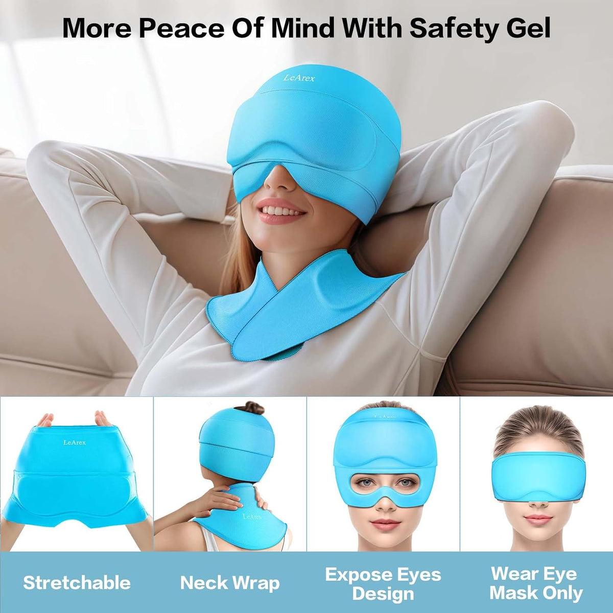3 in 1 Migraine Relief Cap Neck Ice Pack Wrap Gel and Ice Eye Masks, Detachable Ice Caps with Eyes Masks, Hot and Cold Therapy for Relief of Headaches, Stiff Neck and Eye Fatigue (Purple)