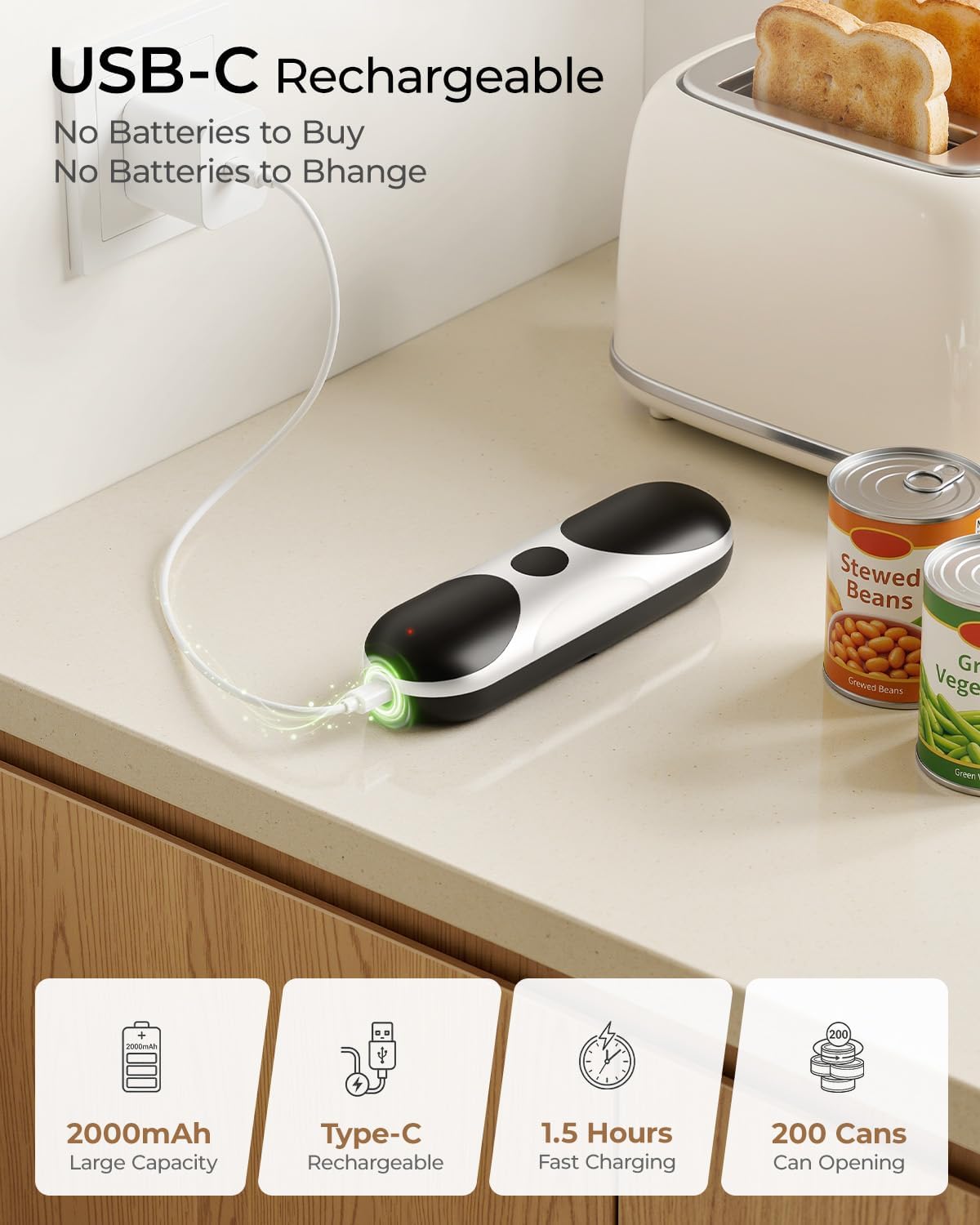 Electric Can Opener Automatic Can Opener for Seniors with Arthritis | Cordless Battery Powered, USB Rechargeable, Side Cut, Smooth Edge, Handsfree, for Any Size Cans