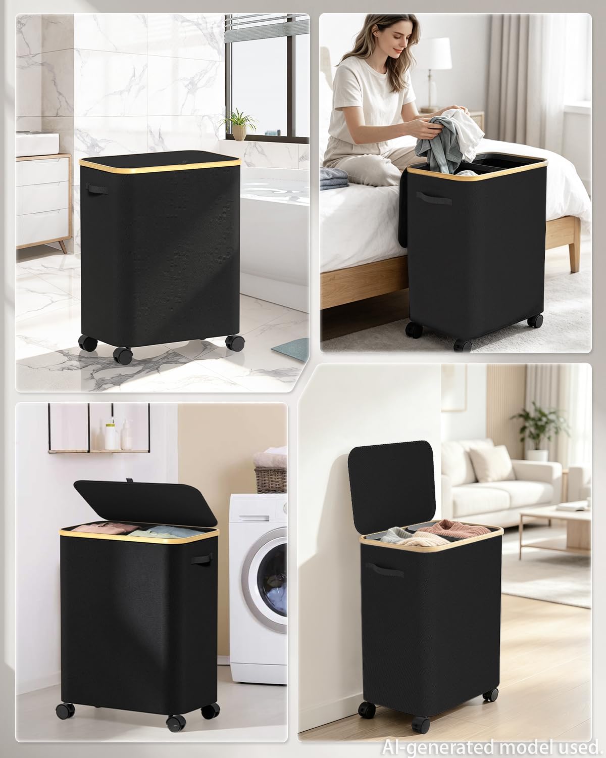 Double Laundry Basket with Wheels and Lid, 150L Clothes Hampers for Laundry | Large Laundry Hamper with 2 Sections & Removable Liner Bags, Rolling Dirty Clothes Basket for Bedroom Bathroom Dorm College
