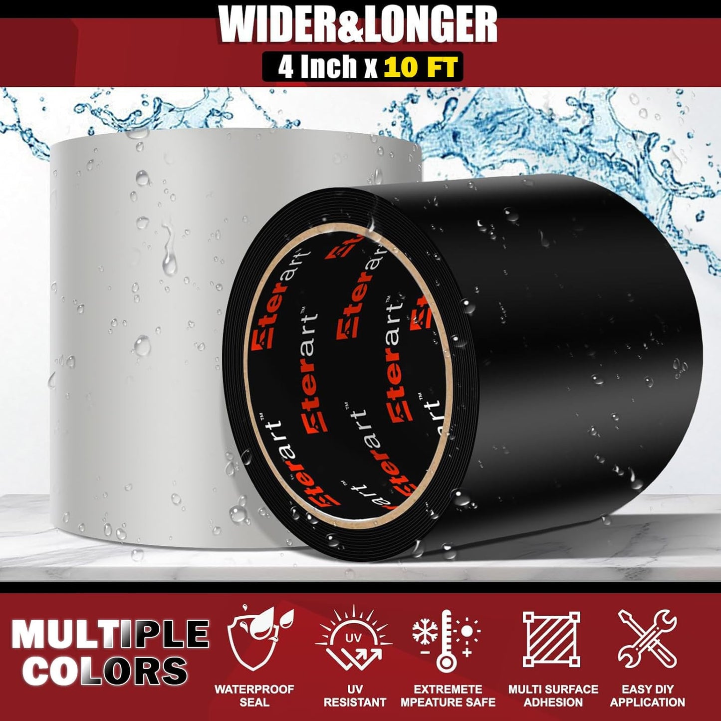 Waterproof Tape Black, Seal Repair for Roofs, Pool Liners & Pipes, 4"x10FT | Heavy Duty Rubberized Active Leaks, - All-Weather Emergency Patch Tool for Homeowners & Campers, Easy to Apply, Durable