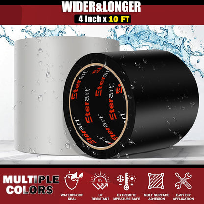 Waterproof Tape Black, Seal Repair for Roofs, Pool Liners & Pipes, 4"x10FT | Heavy Duty Rubberized Active Leaks, - All-Weather Emergency Patch Tool for Homeowners & Campers, Easy to Apply, Durable