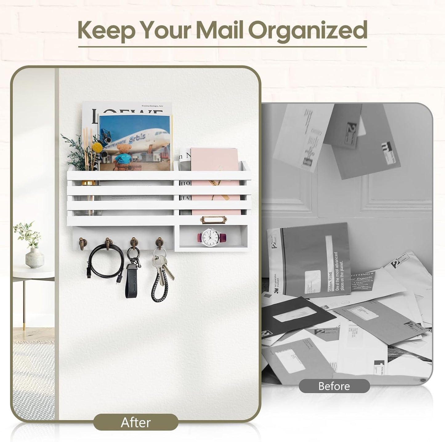 FifthQuarter Key and Mail Holder Wall Mount with Drawer and 6 Sturdy Hooks | Cute Rustic Farmhouse Wooden Key Hanger, Reliable Entryway Organizer for Keys and Daily Essential, Easy Installation, A-White