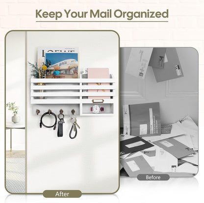 FifthQuarter Key and Mail Holder Wall Mount with Drawer and 6 Sturdy Hooks | Cute Rustic Farmhouse Wooden Key Hanger, Reliable Entryway Organizer for Keys and Daily Essential, Easy Installation, A-White