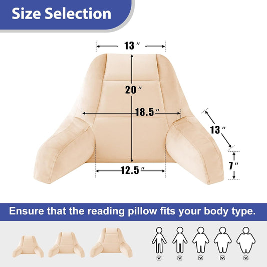 Reading Pillows for Sitting in Bed Adult, Back Pillow for Bed Sitting Up, Backrest Pillows with Shredded Foam for Adult&Teens, Support Pillow with Arms for Beds, Couch, Floor, 24in, Beige