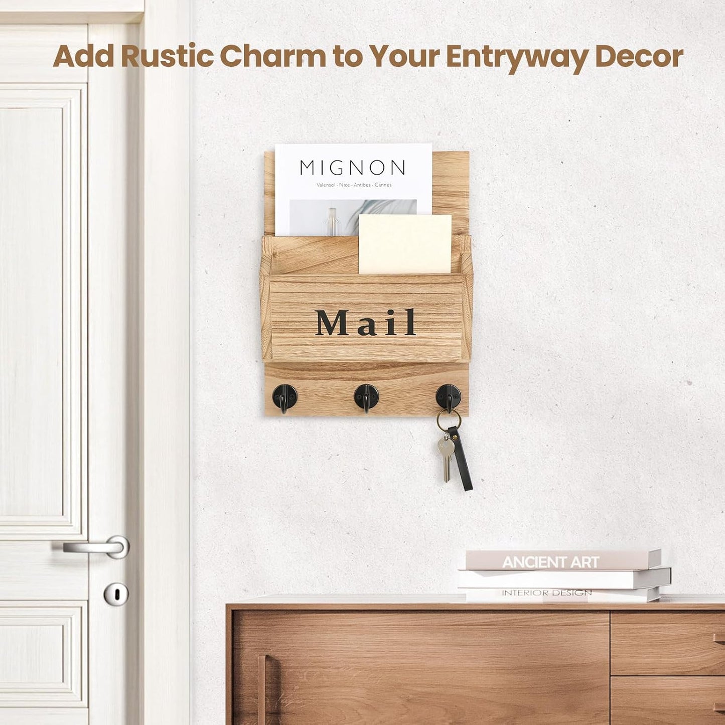 Mail and Key Holder, Wall Key Holder with 2 Mail Organizer Slot and 3 Hooks | Decorative 8.86" x 11.42" Mail Holder, Real Paulownia Wood with Keyhole Brackets, Hardware and Instructions
