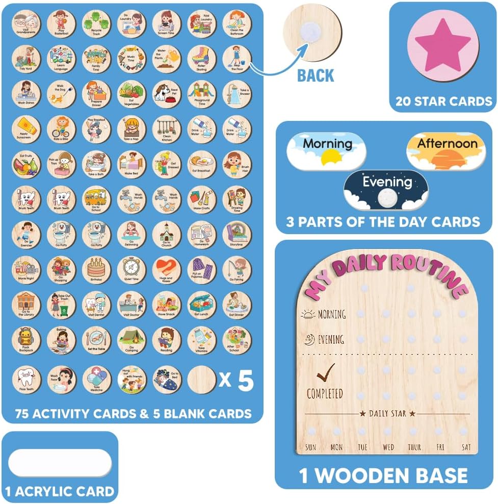 Wooden Daily Routine for Kids, Chore Chart for Toddler, Daily Responsibilities for Kids, Visual Schedule, Morning Bedtime Routine for Girls