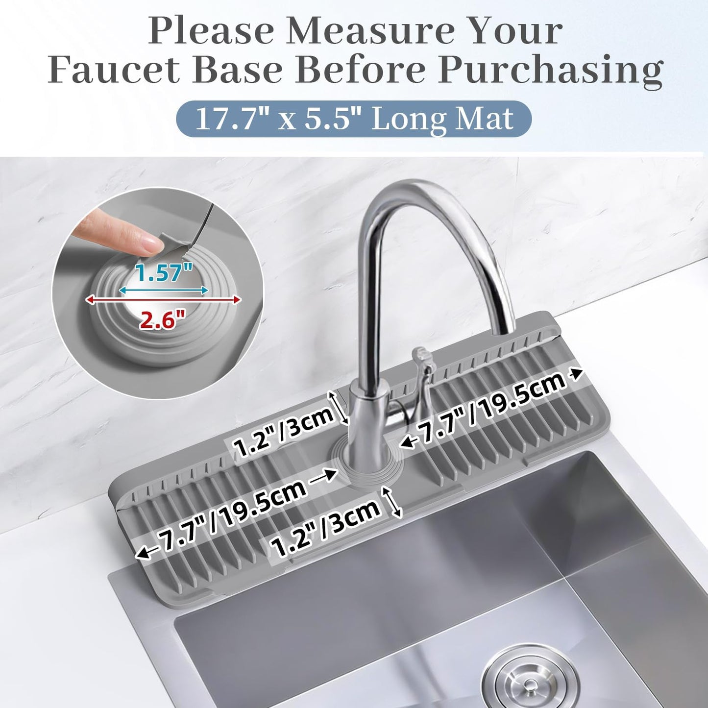 PoYang 24 Inch Faucet Mat for Kitchen Sink Splash Guard, Silicone, Black | Sink Protectors with 7° Slope for Smooth Drainage, Snap Button Holds It in Place, 90° Foldable & Cuttable Hole Fit Most Sinks