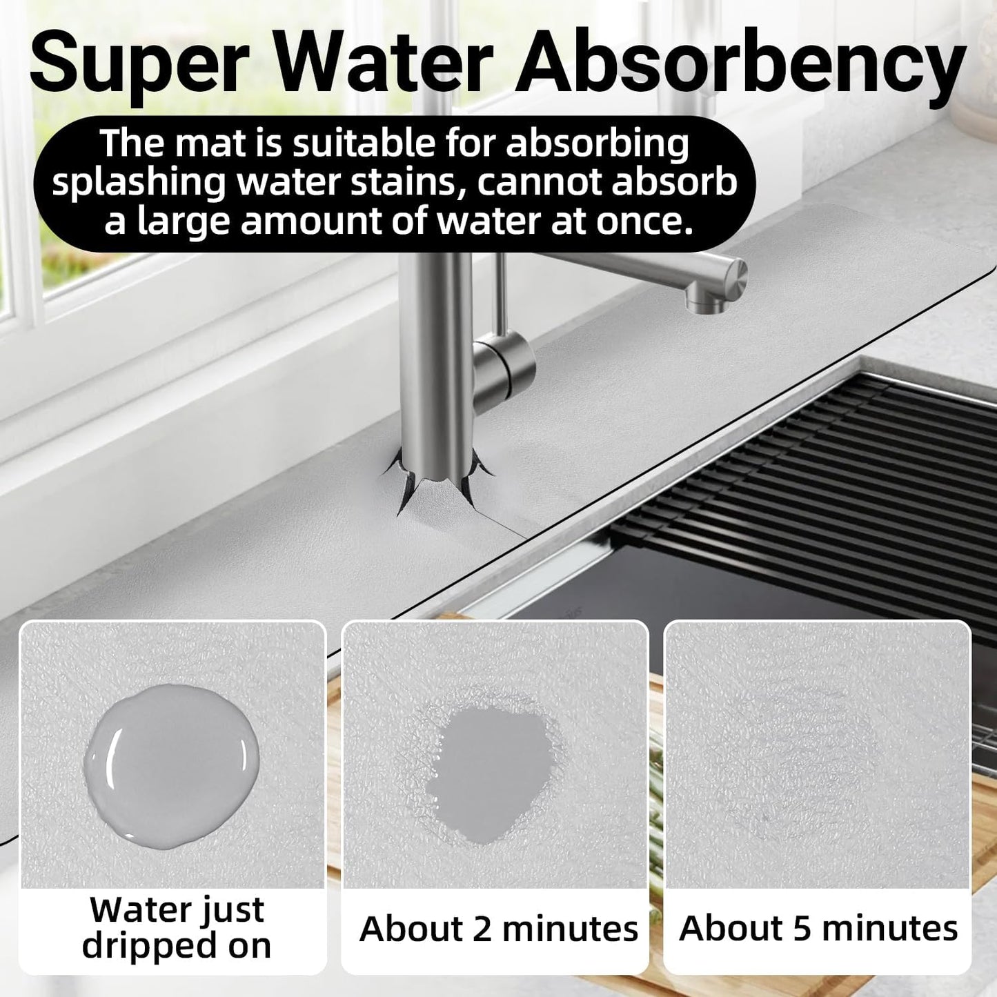 LOPNUR Cuttable Faucet Mat for Kitchen Sink, Extra Long 29 Inch, Black | Super Absorbent & Fast Dry Diatomite Sink Splash Guard, 0.8-2.4 Inch Adjustable Faucet Hole, Cut to Fit Bathroom & RV Sinks
