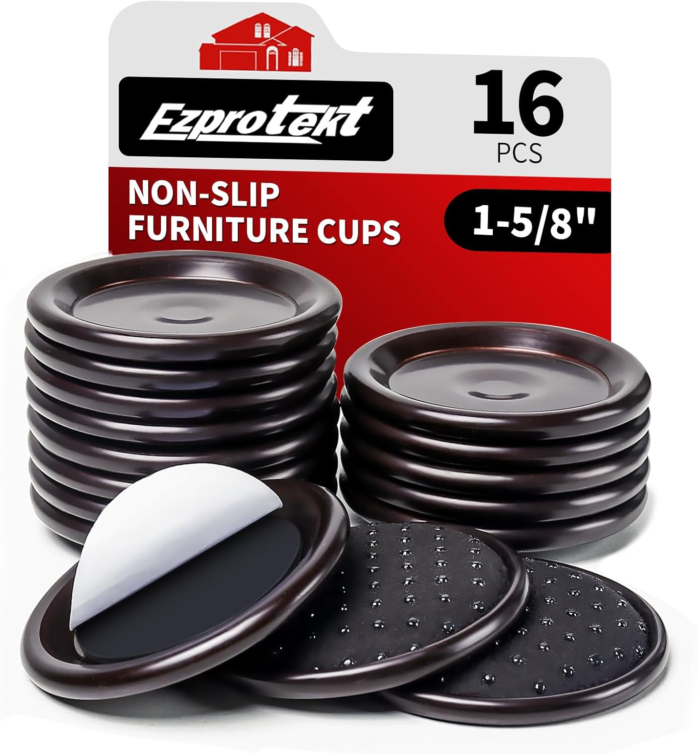 Ezprotekt 1.63" Round Carpet Bottom Furniture Caster Cups, 16 Pcs Reusable Furniture Coasters, Felt Furniture Sliders Pads to Protect Hardwood, Tile or Carpetd Floors from Scratches (Dark Brown)