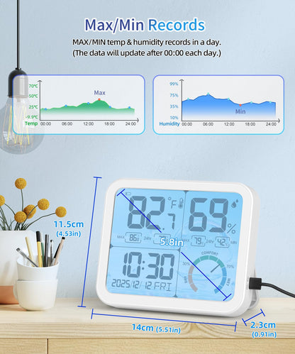 5.8'' Digital Indoor Thermometer Hygrometer, Temp Humidity Monitor & Clock | USB-C & Battery Powered, Large Backlit Display, Calibratable Readings, Max & Min Records, Comfort Level, Date & Time Display