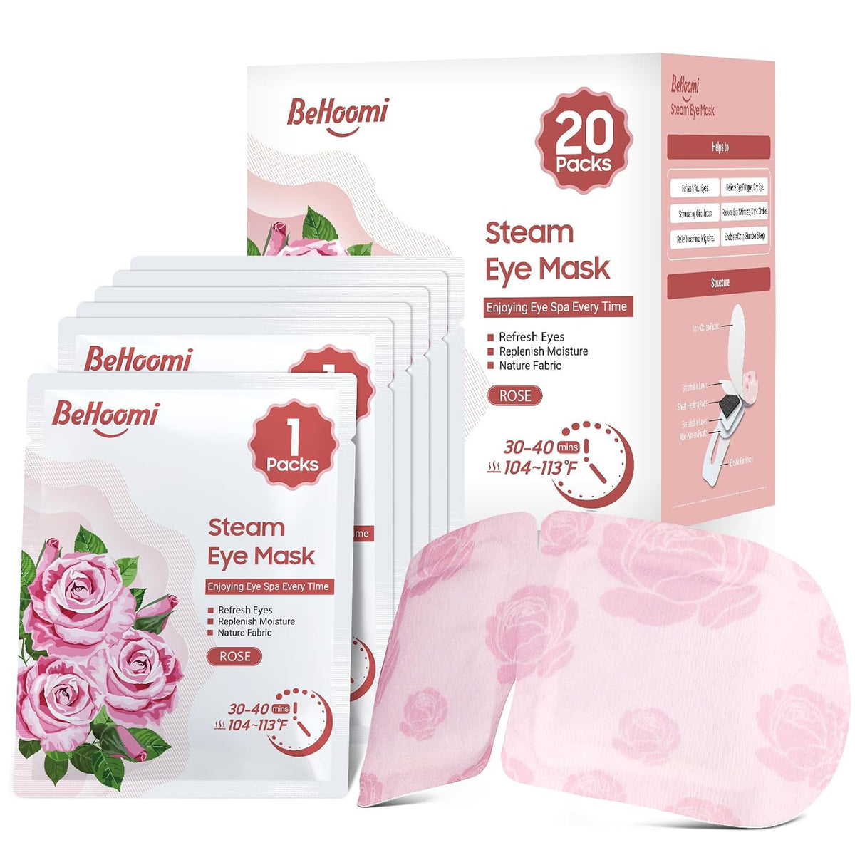 BeHoomi 20 Packs Steam Eye Mask, Heated Eye Mask Warm Compress for Eyes, Disposable Self Heating Steam Mask for Home, Sleep, Spa, Travel Essentials & Relaxation Gifts for Women (Unscented)
