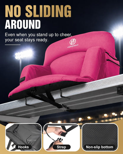 HOPERAN 25in Heated Stadium Seats for Bleachers, 4.3" Extra Thick, Pink | Super Soft Sofa-Style, Independent Seat&Back 3 Level Heat (NO Battery), 6 Recliner, Anti-Slip, Side Pockets, Backpack Straps
