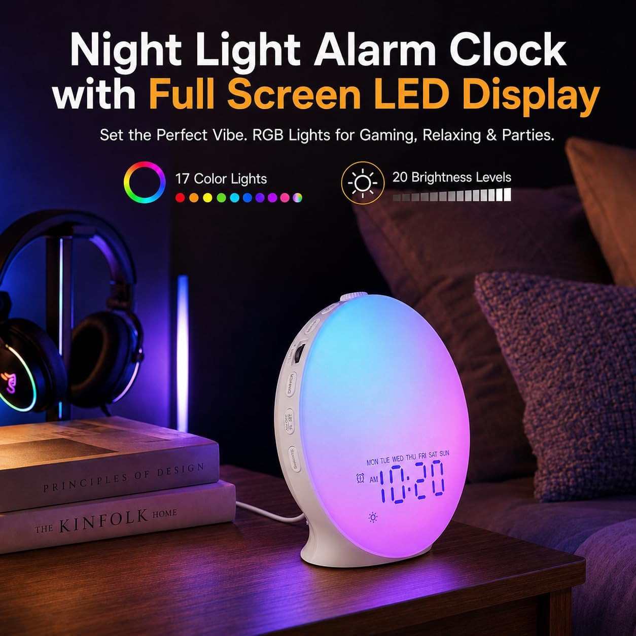 JALL Full Screen Sleep Sound Machine Sunrise Alarm Clock with 25 White Noise Nature Sounds, Wake Up Light for Bedrooms, Hi-Fi Bluetooth Speaker, 8-Hour Sleep Timer