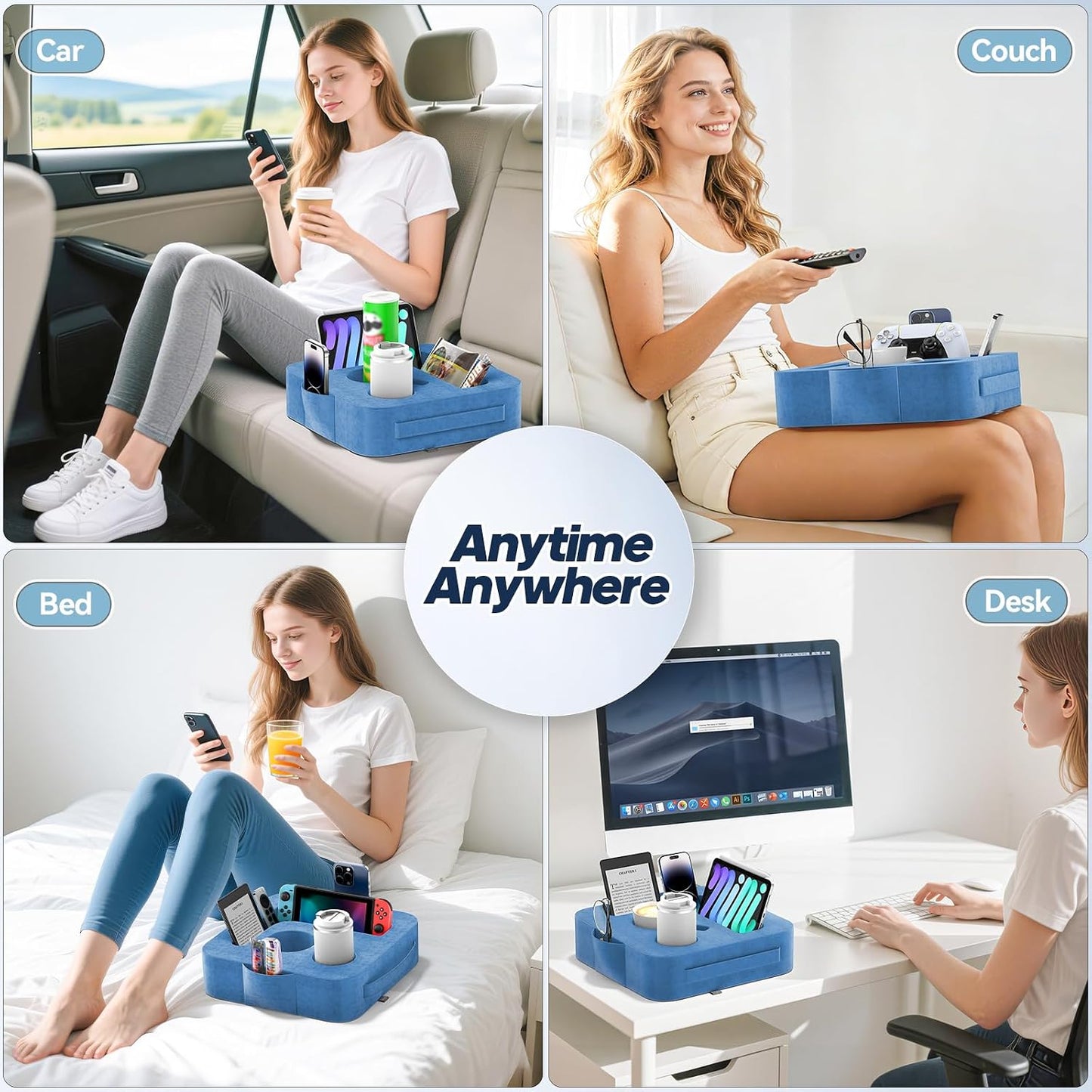 Couch Cup Holder Pillow, Sofa and Bed Caddy for iPad, Kindle, Switch, Game Controller, Remotes, Phones, Small-Sized Cup & Drink Holder for Couch, Bed, Desk, Car, Beach, Bathroom Cup Holder