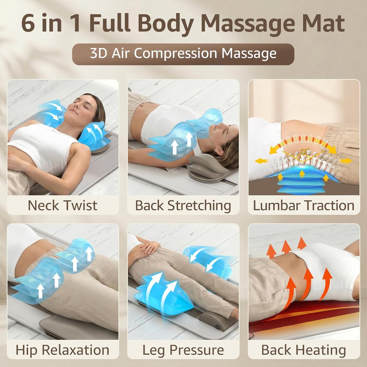 YENING Full Body Massage Mat with Airbags, Air Compression Stretching Mat with Heat for Bed Floor, Neck Lumbar Traction Pad for Pain Relief, Foldable Massage Mattress Topper, 5'1"-6'0"