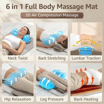 YENING Full Body Massage Mat with Airbags, Air Compression Stretching Mat with Heat for Bed Floor, Neck Lumbar Traction Pad for Pain Relief, Foldable Massage Mattress Topper, 5'1"-6'0"