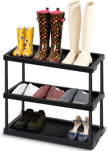 Cinnvoice Boot Tray Rack for Entryway Plastic Waterproof Shoe Mat Tray Large Storage Shelf for Indoor Outdoor Entryway Hallway Closet Use in All Seasons Black(28" d X 14.5" w X 14.5" h)