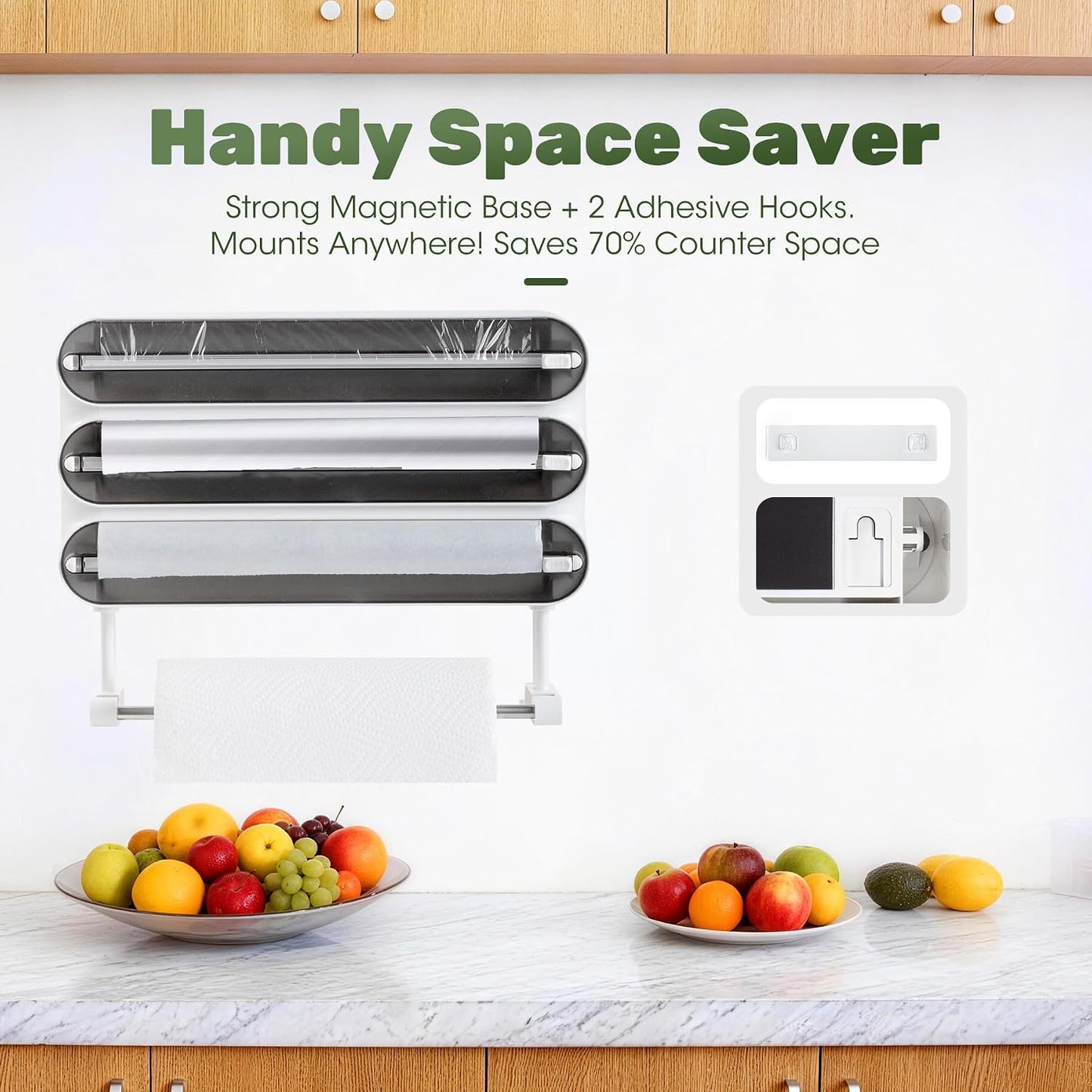Aluminum Foil & Plastic Wrap Dispenser with Cutter - Magnetic & No-Drill Wall Mount, Cling Film Dispenser with Paper Towel Holder, Space-Saving 4-in-1 Kitchen Organizer - Fits 12" Roll, Black